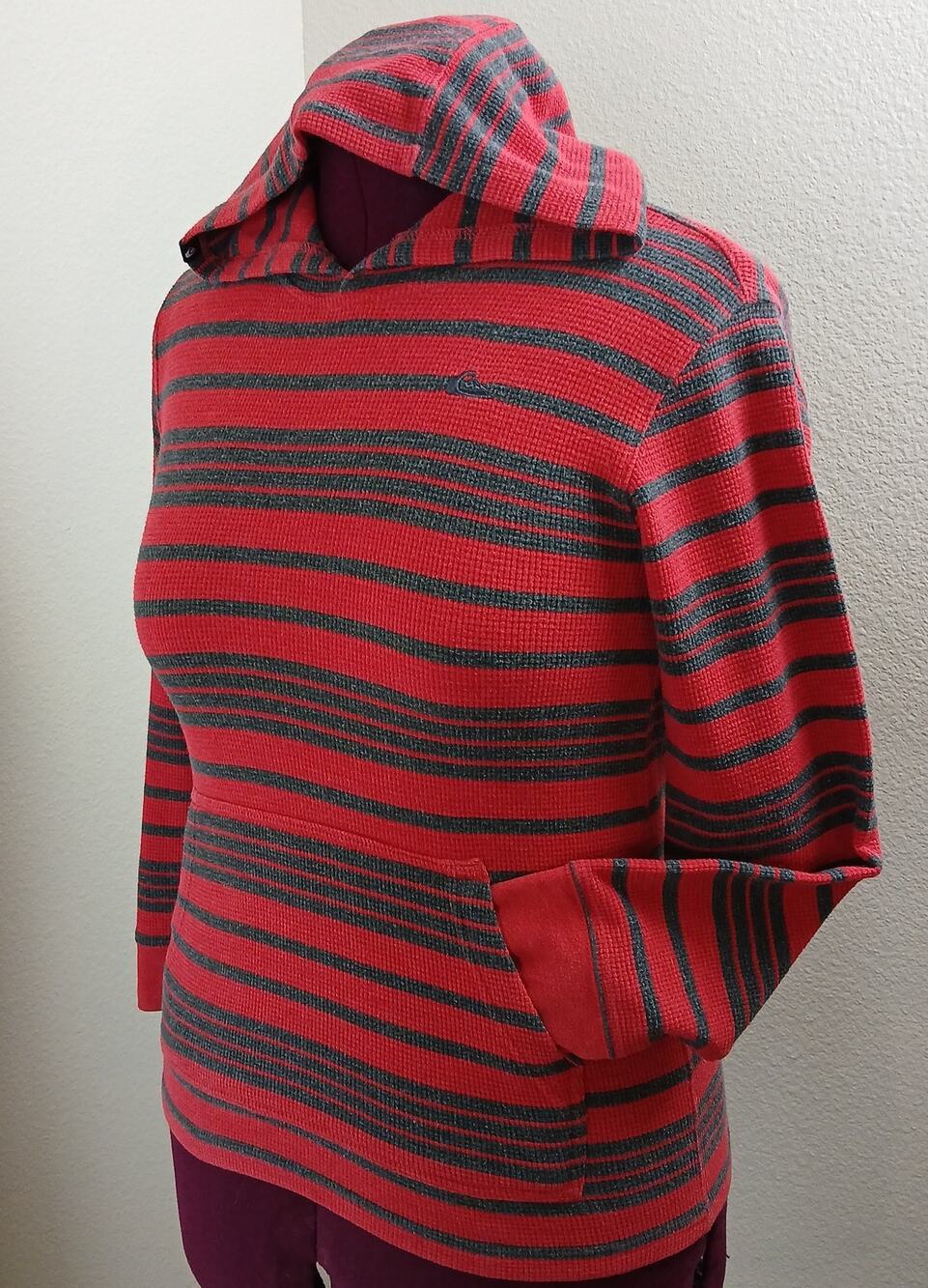 Quiksilver Boys Multi-Stripe Thermal Waffle-Knit Hoodie M (10/12) red charcoal